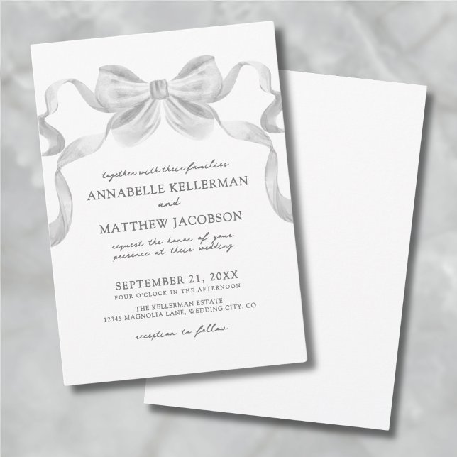 Convite Casamento elegante do Arco de Fita Branca Moderna (Modern Whimsical Ribbon Bow Elegant Wedding Invitation)