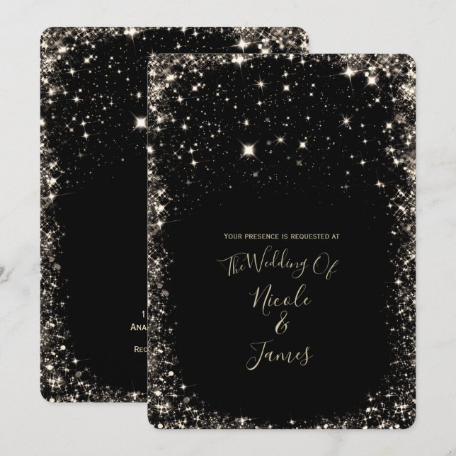 Convite Casamento Elegante do Black Sparkles Starry Night  (Frente/Verso)
