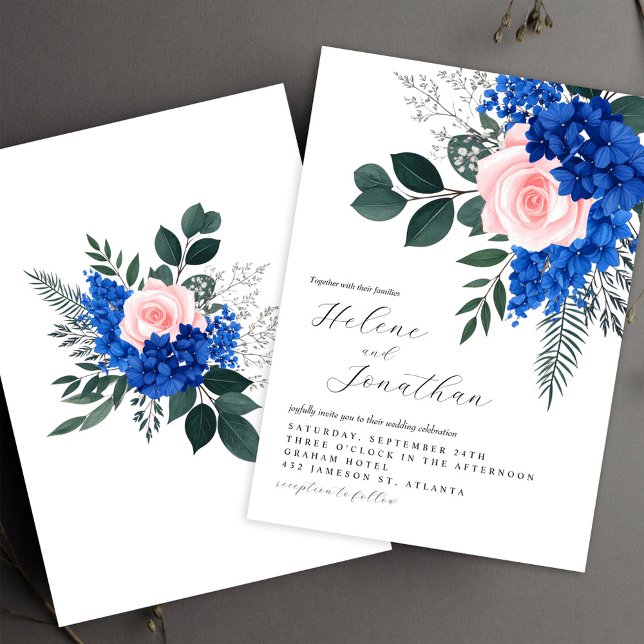 Convite Casamento Elegante Do Jardim Azul-Rosa-Floral Coba (Floral Cobalt Blue Pink Garden Elegant Wedding Invitation)