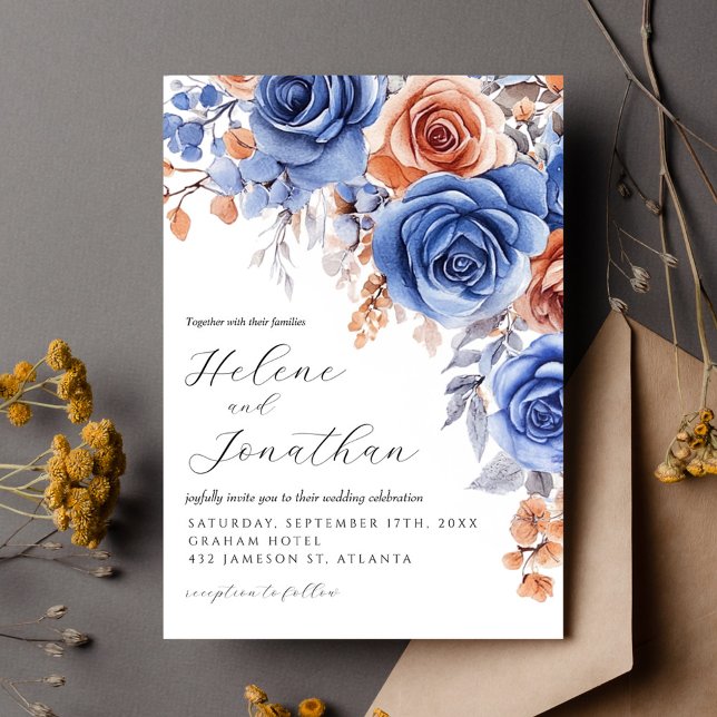 Convite Casamento Elegante do Jardim de Ferrugem Dusty Blu (Dusty Blue Terracotta Rust Garden Elegant Wedding Invitation)