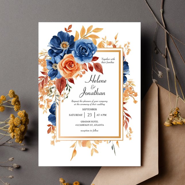 Convite Casamento Elegante do Jardim de Ferrugem marinho A (Navy Blue Terracotta Rust Garden Elegant Wedding Invitation)
