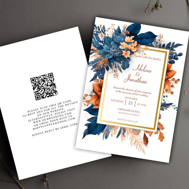 Convite Casamento Elegante do Jardim de Terracotta marinho (Navy Blue Terracotta Garden Boho Elegant Wedding Invitation)