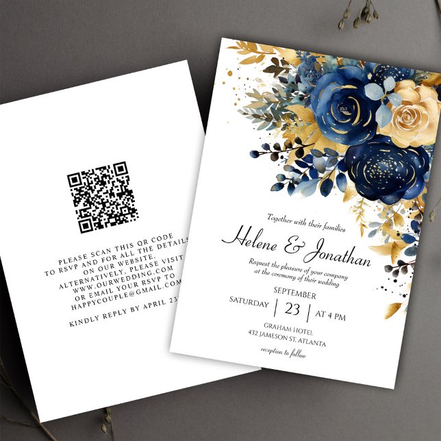 Convite Casamento Elegante do Jardim Dourado Azul-Marinho  (Floral Navy Blue Gold Garden Elegant Wedding Invitation)