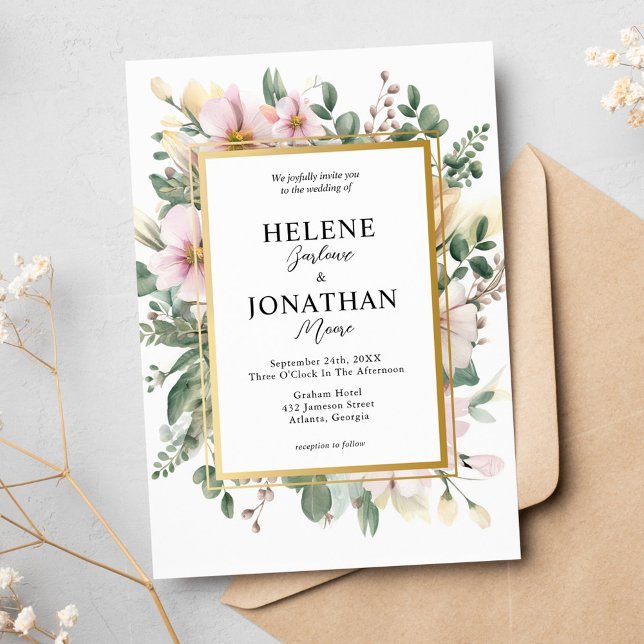 Convite Casamento Elegante Do Jardim Floral Do Pastel Rosa (Blush Pink Pastel Floral Garden Elegant Wedding Invitation)