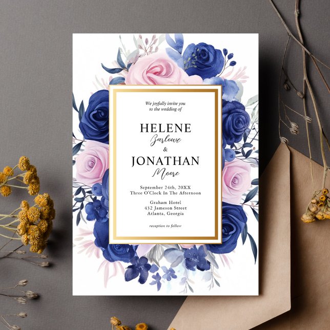 Convite Casamento Elegante do Jardim Floral Rosa-marinho A (Navy Blue Pink Floral Garden Elegant Wedding Invitation)