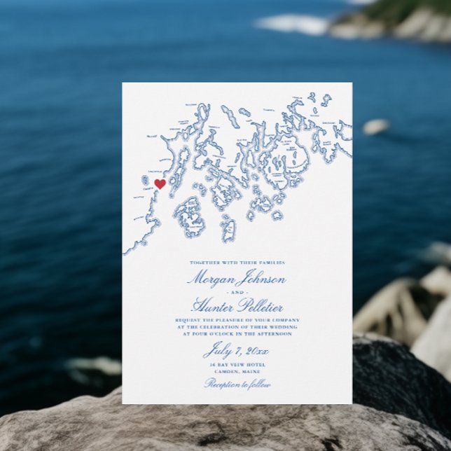 Convite Casamento Elegante do Mapa da Baía de Camden Maine (Camden Maine Map Wedding Invitations with Elegant Navy Blue Penobscot Bay Map )