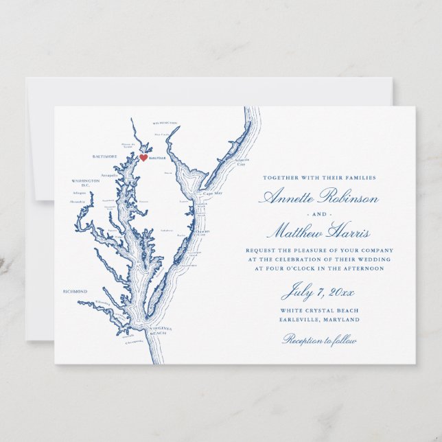 Convite Casamento Elegante do Mapa de Earlville Maryland (Frente)