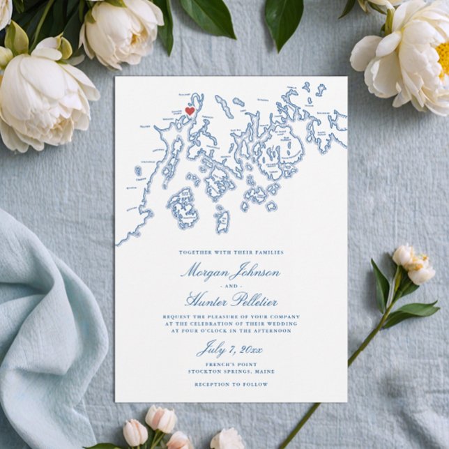 Convite Casamento Elegante do Mapa do Maine em Francês (French's Point Maine Wedding Invitation with Stockton Springs map in elegant navy blue )