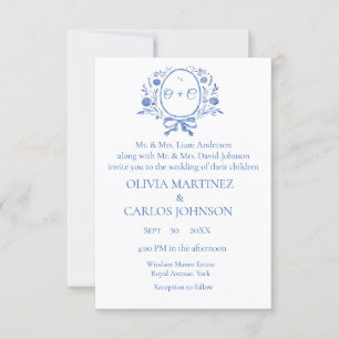 Convite Casamento elegante do Monograma Dusty Blue Crest