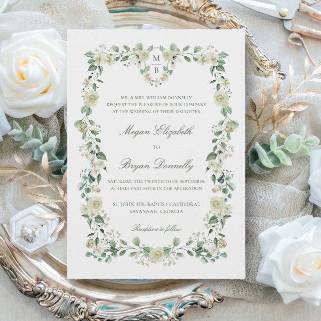 Convite Casamento Elegante do Monograma e Festa Floral Bra (This elegant, white floral wedding invitation features a crest with your monograms.)