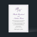 Convite Casamento elegante do monograma roxo real tradicio<br><div class="desc">Convite de casamento tradicional e clássico com um simples design com seu monograma inicial e seus nomes em um dentro de caligrafia roxo elegante de uma fronteira fina. A parte de trás é roxa sólida. Esta design clássica é perfeita para um casamento formal no outono/outono.</div>