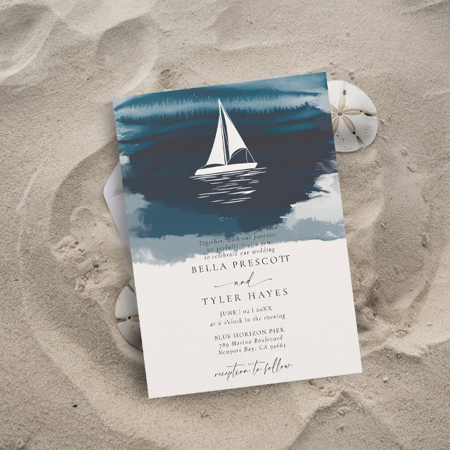Convite Casamento Elegante Do Navio De Navegação De Praia  (coastal wedding invitation modern minimalist elegant beach ocean waves boat sail sailing navy blue)