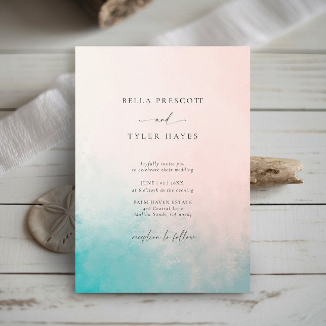 Convite Casamento Elegante do Oceano Azul Abstrato de Cost (Coastal Wedding Invitation Coral Teal Modern Abstract Minimalist Elegant Beach Ocean Tropical Chic)