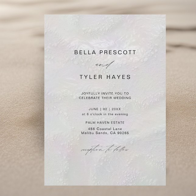 Convite Casamento Elegante do Oceano de Praia das Pradaria (coastal wedding invitation modern minimalist elegant beach ocean iridescent sand ivory white shimmer)