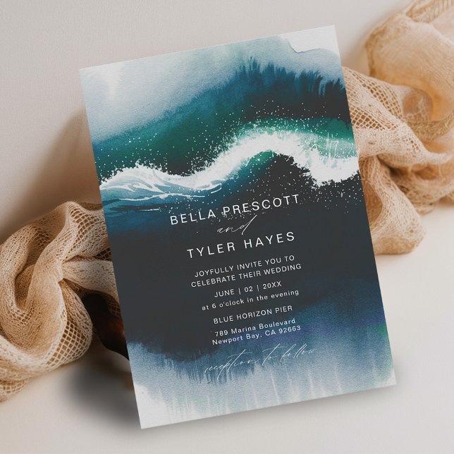 Convite Casamento Elegante do Oceano de Praia Marinho de O (coastal wedding invitation modern minimalist elegant beach ocean waves watercolor navy blue teal)