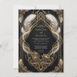 Convite Casamento Elegante dos Anos 20 Preto e Dourado com