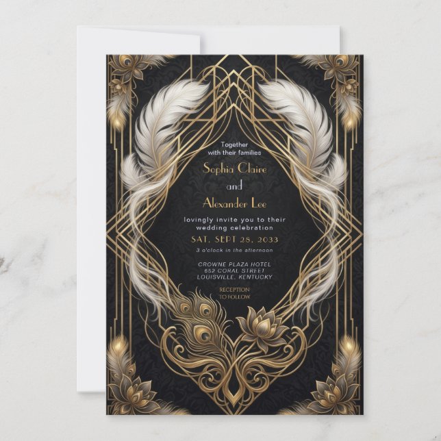 Convite Casamento Elegante dos Anos 20 Preto e Dourado com (Frente)