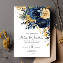 Casamento Elegante Dourado Azul com Marinho Floral