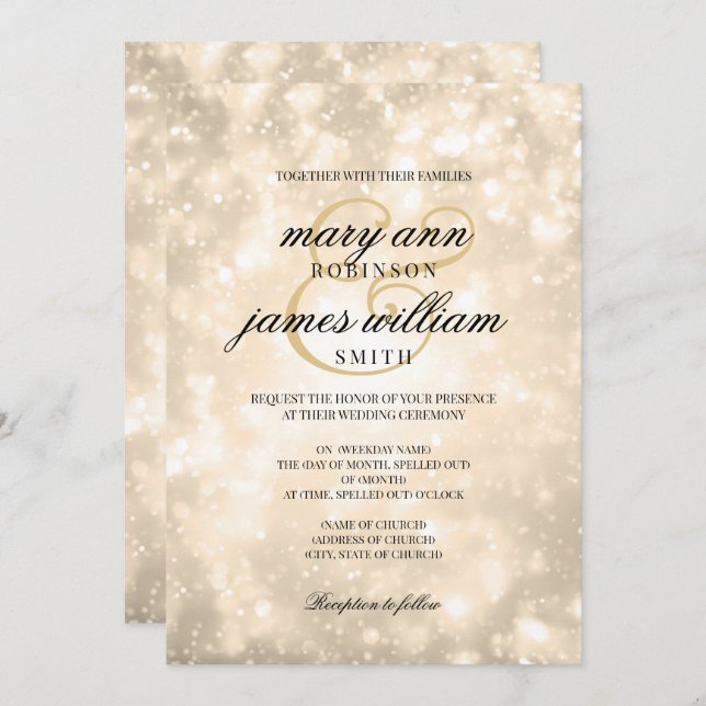 Convite Casamento Elegante Dourado Bokeh (Frente/Verso)