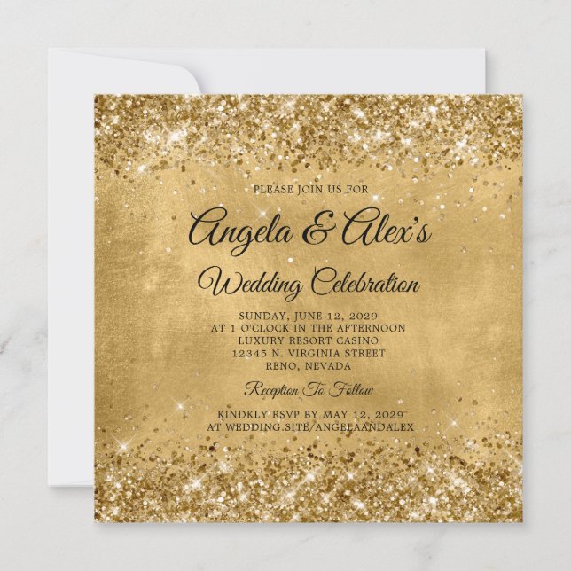 Convite Casamento Elegante Dourado Brilhante (Frente)