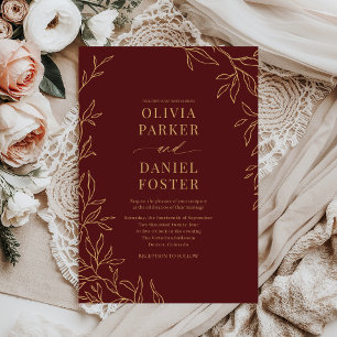 Convite Casamento Elegante Dourado Burgundy Botânico