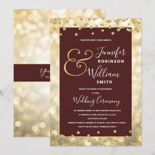Convite Casamento Elegante Dourado de Champagne Burgundy