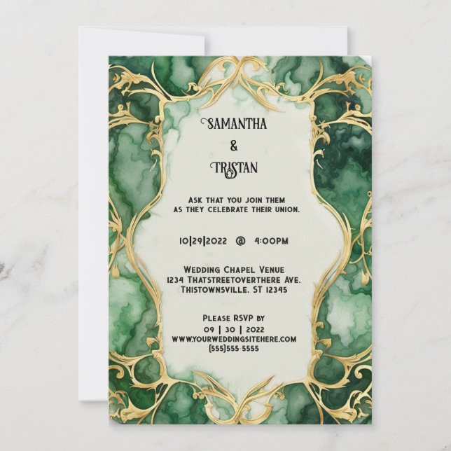 Convite Casamento Elegante Dourado de Trim Marble Verde (Frente)