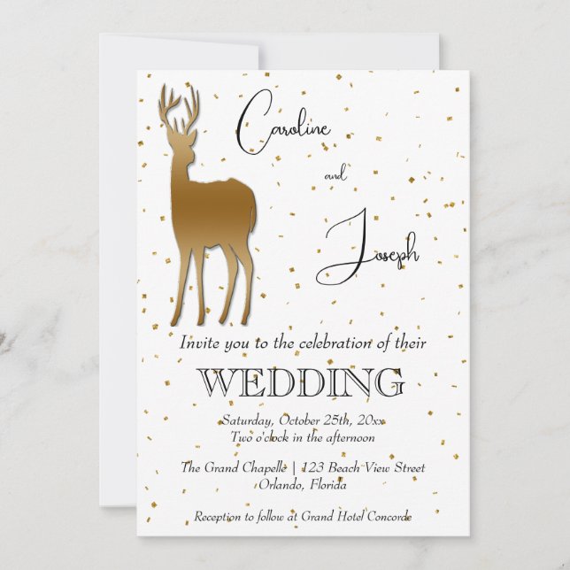 Convite Casamento Elegante Dourado Deer & Dourado Confetti (Frente)