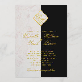 Convite Casamento Elegante Dourado do Monograma Branco Neg