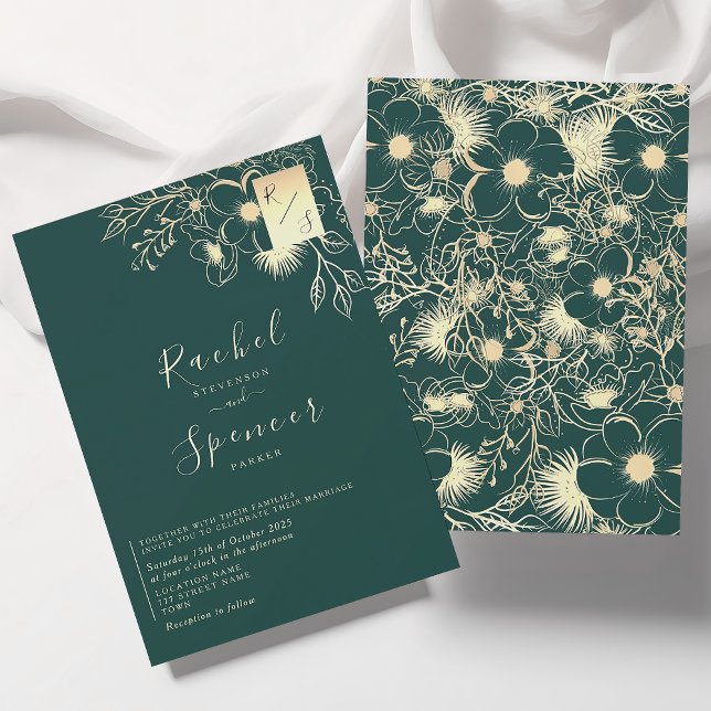 Convite Casamento Elegante Dourado do Monograma de Esmeral (Criador carregado)