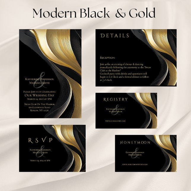 Convite Casamento Elegante Dourado e Abstrato moderno (Modern Black and Gold Abstract Wedding Collection)