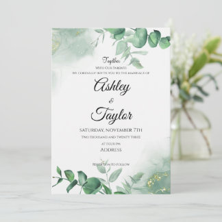 Convite Casamento Elegante Dourado e Greenery Watercolor