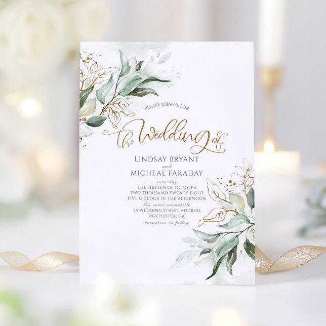 Convite Casamento Elegante Dourado Eucalyptus Greenery (Elegant Greenery Wedding Invitation)