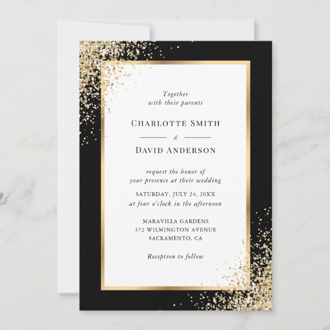 Convite Casamento Elegante Dourado Frame Confetti (Frente)