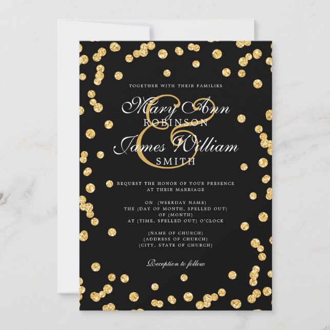 Convite Casamento Elegante Dourado Glitter Confetti Negro (Frente)