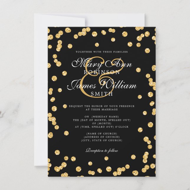 Convite Casamento Elegante Dourado Glitter Confetti Negro (Frente)