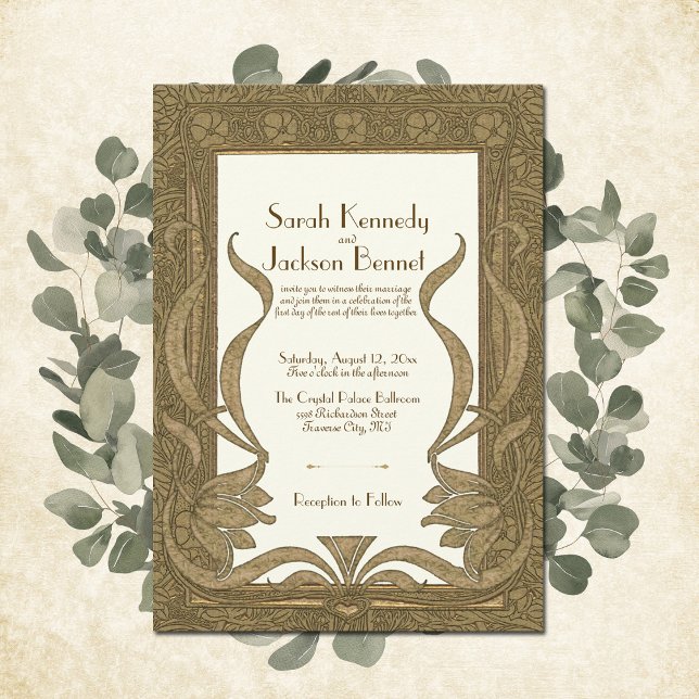 Convite Casamento Elegante Dourado Ivory Art Nouveau (This luxurious Art Nouveau design adds the perfect touch of class to these unique wedding invites.)