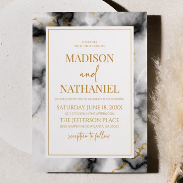 Convite Casamento Elegante Dourado Marble Branco Negro (Criador carregado)