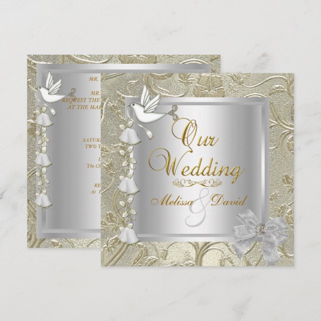 Convite Casamento Elegante Dourado Prata Branco Pombo (Frente/Verso)
