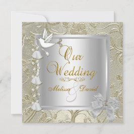 Convite Casamento Elegante Dourado Prata Branco Pombo