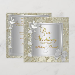 Convite Casamento Elegante Dourado Prata Branco Pombo