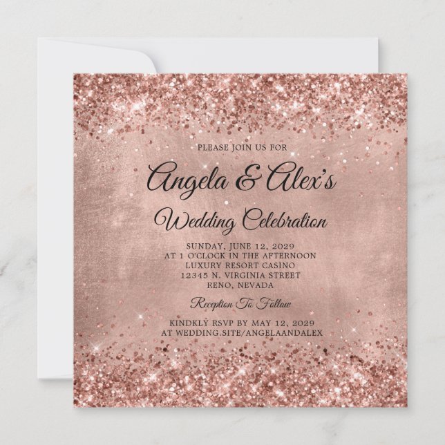 Convite Casamento Elegante Dourado Rosa Espelhante (Frente)