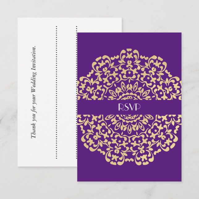 Convite Casamento Elegante Dourado Roxo Profundo com Renda (Frente/Verso)