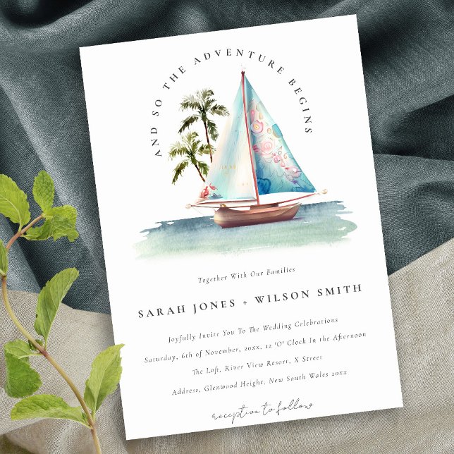 Convite Casamento Elegante Dusky Teal Sailboat Palm Seasca (Criador carregado)