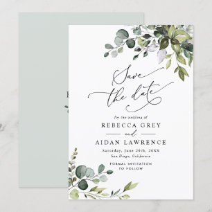 Convite Casamento Elegante Dusty Blue Greenery Salvar a Da