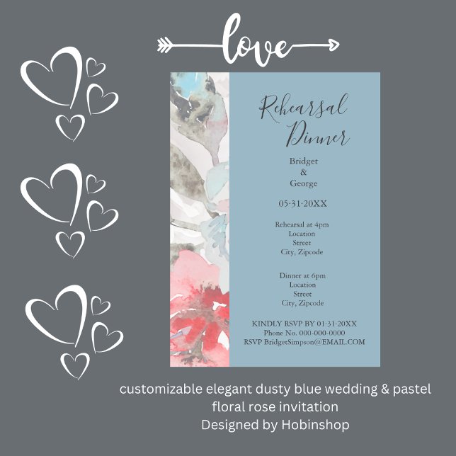 Convite casamento elegante e azul e rosa floral pastel (ustomizable elegant dusty blue wedding & pastel floral rose invitation
Designed by Hobinshop)
