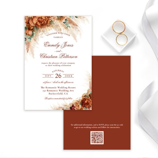Convite Casamento Elegante e Boho com Grama de Pampas Flor (Criador carregado)