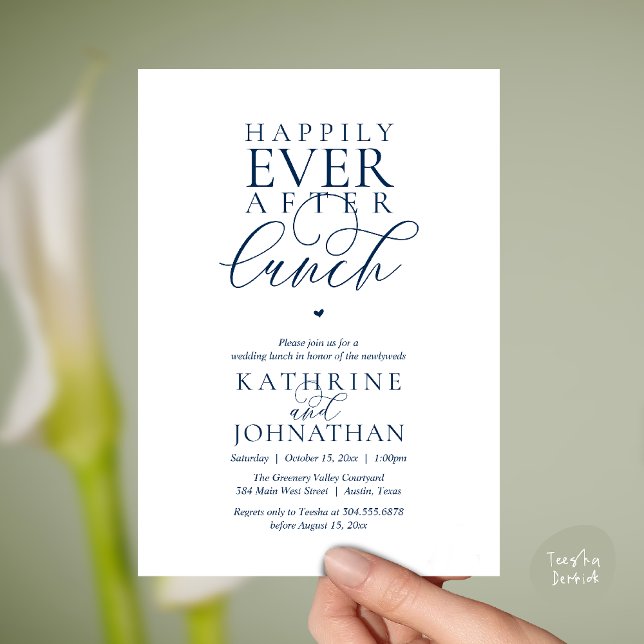 Convite Casamento Elegante e Intimo após o Almoço (Happily Ever After Lunch Classy Wedding Elopement Invitation card in navy blue)