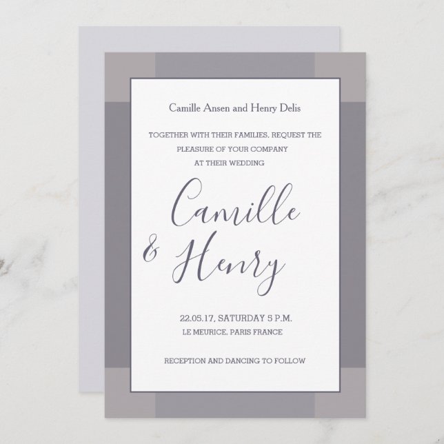 Convite Casamento elegante e moderno de cinza Lilac (Frente/Verso)