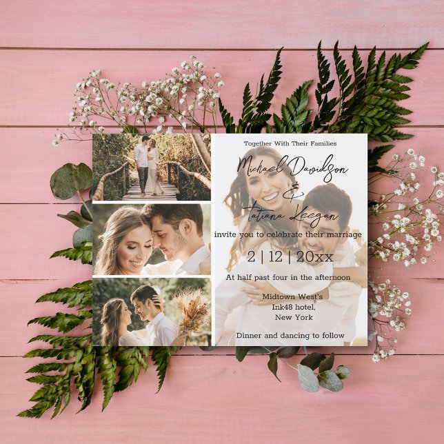 Convite casamento elegante e moderno de colagem de 4 fotos (Criador carregado)